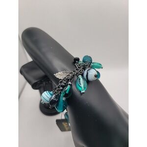 Vintage Cookie Lee Teal Aqua Glass Bead Charm Bracelet Silver Tone Toggle Chunky